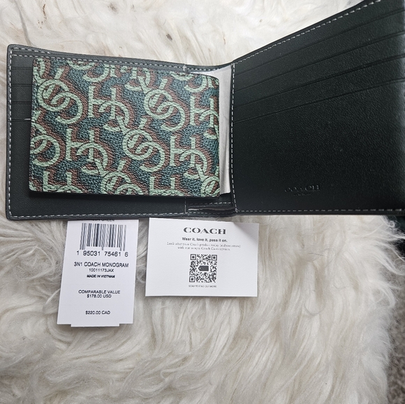 Coach NWT Genuine Leather 3 in 1 Monogram Amazon Green Wallet & ID Insert - Picture 4 of 6